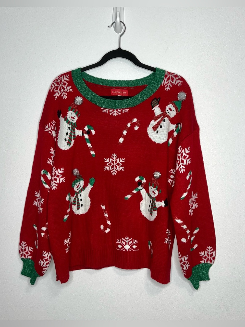 Blizzard Bay Ugly Christmas Sweater Women’s Large Snowman Pom Pom Red Holiday